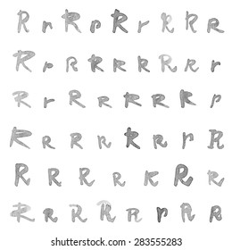 Hand written black ink watercolor R letter set isolated over the white background