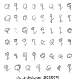 Hand written black ink watercolor Q letter set isolated over the white background