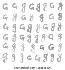 Hand written black ink watercolor G letter set isolated over the white background