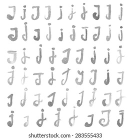 Hand written black ink watercolor J letter set isolated over the white background
