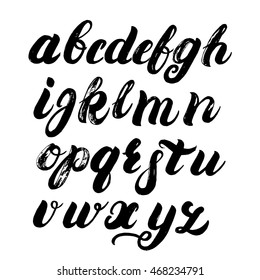 Hand written brush alphabet. Brush written font. ABC painted letters. Modern brushed lettering. Black letters isolated on white background. Brush texture. Vector illustration.
