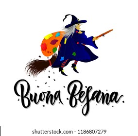 Hand written brush lettering phrase Buona Befana meaning Happy Epiphany with witch with bag of gifts and coal. Template of greeting card, invitation, banner, print, poster