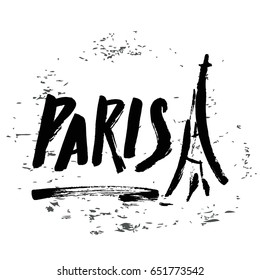 Hand written with brush pen and inc inscription Paris with Eiffel Tower silhouette, calligraphy, texture background, lettering. Vector.