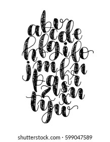 Hand written with brush pen ink latin alphabet. Black letters on white background.