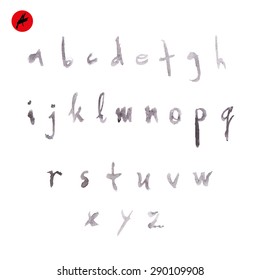 Hand written calligraphic alphabet. Letters of the alphabet handwritten by dry brush. Rough strokes font. Vector illustration. Grunge style  alphabet.