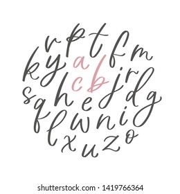 Hand written calligraphic alphabet with lowercase uppercase letters. Modern vector lettering can be used for wedding invitations, posters, prints. Vector hand made font