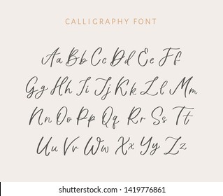 Hand written calligraphic alphabet with lowercase and uppercase letters. Modern vector lettering can be used for wedding invitations, posters, prints. Vector hand made font