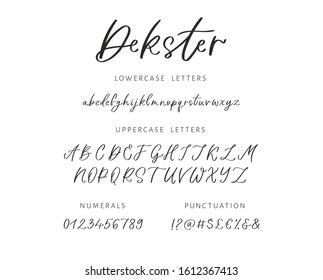 Hand written calligraphic alphabet with lowercase and uppercase letters, numbers and punctuation. Modern vector lettering can be used for wedding invitations, posters, prints. Vector hand made font