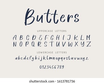 Hand written calligraphic alphabet with lowercase and uppercase letters, numbers and punctuation. Modern vector lettering can be used for wedding invitations, posters, prints. Vector hand made font