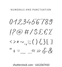 Hand written calligraphic alphabet with  numbers and punctuation. Modern vector lettering can be used for wedding invitations, posters, prints. Vector hand made font black on white background