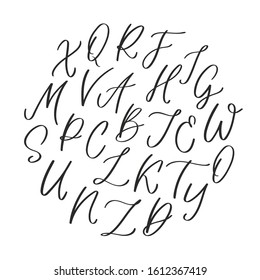 Hand written calligraphic alphabet with  uppercase letters. Modern vector lettering can be used for wedding invitations, posters, prints. Vector hand made font black on white background