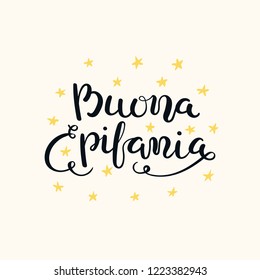 Hand written calligraphic Italian lettering quote Buona Epifania, Happy Epiphany, stars. Isolated objects on white background. Hand drawn vector illustration. Design concept, element for card, banner.