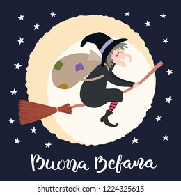 Hand written calligraphic Italian lettering quote Buona Befana, Happy Epiphany, with witch flying in the night sky, full moon. Hand drawn vector illustration. Design concept, element for card, banner.