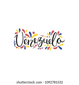 Hand written calligraphic lettering quote Venezuela with decorative elements in flag colors. Isolated objects on white background. Vector illustration. Design concept for independence day banner.