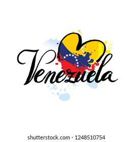 Hand written calligraphic lettering quote Venezuela with decorative elements in flag colors. Isolated objects on white background. Vector illustration. Design concept for independence day banner