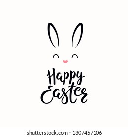 Hand written calligraphic lettering quote Happy Easter, with bunny face. Isolated objects on white background. Hand drawn vector illustration. Design concept, element for card, banner, invitation.