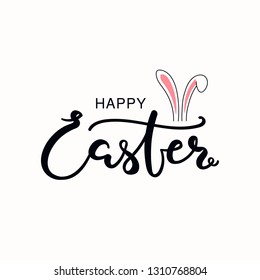 Hand written calligraphic lettering quote Happy Easter, with bunny ears. Isolated objects on white background. Hand drawn vector illustration. Design concept, element for card, banner, invitation.