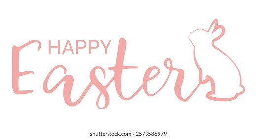 Hand written calligraphic lettering quote Happy Easter, with bunny outline, bunny silhouette. Isolated object on white background. Hand drawn vector illustration. Design concept for card, banner.