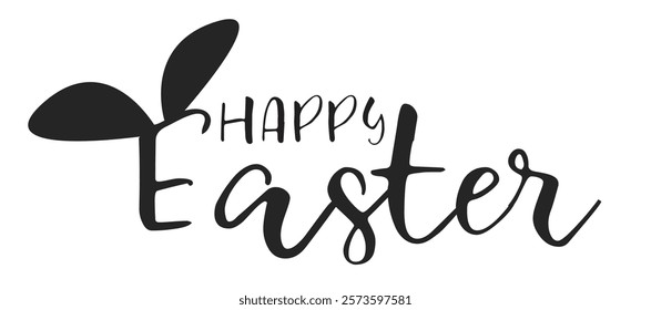 Hand written calligraphic lettering quote Happy Easter, with the outline of rabbit ears, bunny silhouette. Isolated object on white background. Hand drawn vector illustration. Design for card, banner.