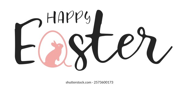 Hand written calligraphic lettering quote Happy Easter, with bunny outline, bunny silhouette. Isolated object on white background. Hand drawn vector illustration. Design concept for card, banner.