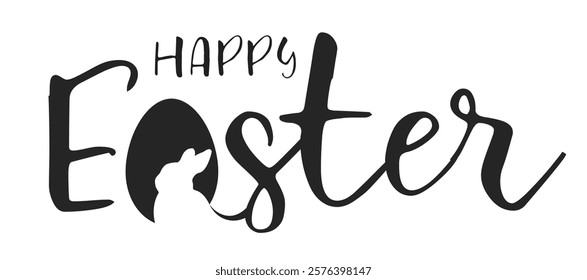 Hand written calligraphic lettering quote Happy Easter, with bunny outline, bunny silhouette. Isolated object on white background. Hand drawn vector illustration. Design concept for card, banner.