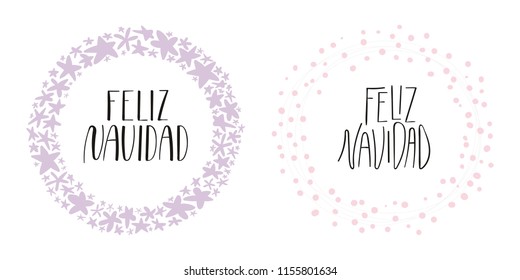 Hand written calligraphic lettering quotes Feliz Navidad, Merry Christmas in Spanish, in wreathes. Isolated objects on white background. Vector illustration. Design concept, element for card, invite.