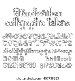Hand written calligraphic script. Ornate graphic alphabet. Vector font drawn in line art style. Uppercase and lowercase letters and numerals isolated on white background