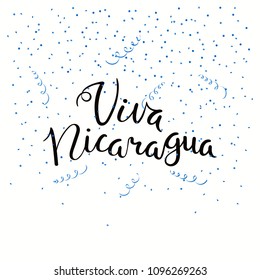 Hand written calligraphic Spanish lettering quote Viva Nicaragua with falling confetti in flag colors. Isolated objects. Vector illustration. Design concept independence day celebration, banner, card.