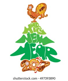Hand written calligraphic text Happy New Year 2017, isolated on white background. Year number as cookies. Winter holidays design. Stylized rooster from Chinese calendar.