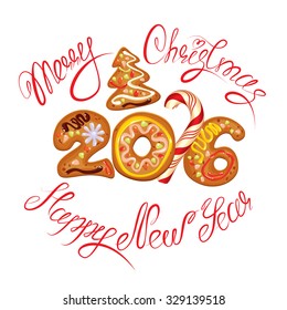 Hand written calligraphic text Merry Christmas and Happy New Year 2016 in gingerbread shape, isolated on white background. Year number as cookies. Winter holidays design element for cards, invitation.