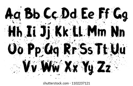 Hand Written Calligraphy Alphabet, Black Ink Brush Lettering, Abc Latin Alphabet, Grunge Font Style With Ink Splashes. Vector