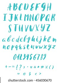 Hand written calligraphy alphabet blue colors. Brush script font in vector format