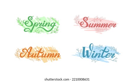 Hand written calligraphy, names of four seasons, on doodle marker strokes of various colors, with twigs, leaves. Horizontal design elements for calendar, journal, scrapbook, diary, stickers etc