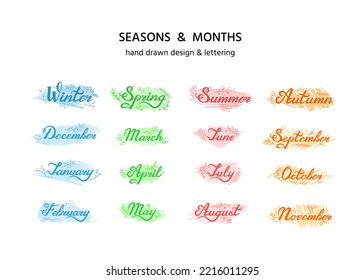 Hand written calligraphy, names of seasons and months, on doodle strokes of various colors, with twigs, leaves. Horizontal titles. Design elements for calendar, journal, scrapbook, diary, stickers
