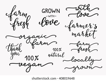 Hand written calligraphy style organic farm messages set. Typography label graphic design lettering element. Hand written calligraphy style signs. Package decoration element. Farmers market decor