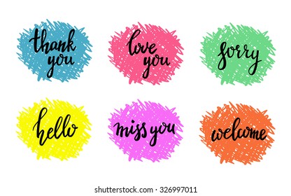 Hand written calligraphy style short messages set. Lettering thank you, sorry, love you, hello, miss you, welcome. Design elements for postcard poster typography.