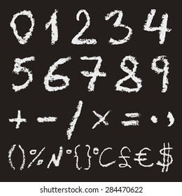 Hand written chalk numbers 0, 1, 2, 3, 4, 5, 6, 7, 8, 9 mathematical signs and most important symbols on black background. Real chalk texture.