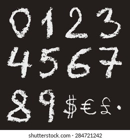 Hand written chalk numbers 0, 1, 2, 3, 4, 5, 6, 7, 8, 9 and currency signs: dollar, euro and pound sterling on black background. Real chalk texture.