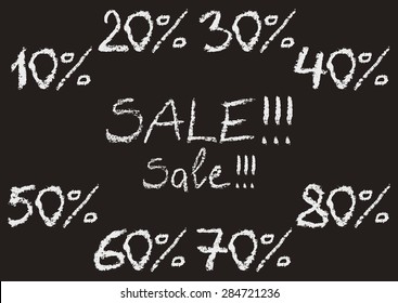 Hand written chalk numbers 10, 20, 30, 40, 50, 60, 70, 80 with percent sign for sale sticker or label on black background. Real chalk texture.