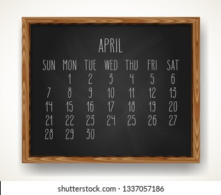 Hand written chalk vector calendar for the April 2019 over black chalkboard background in a wooden frame.