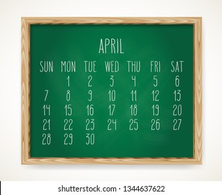 Hand written chalk vector calendar for April year 2019 over green chalkboard background in a wooden frame.
