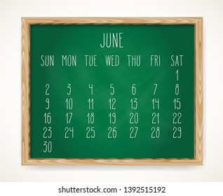 Hand written chalk vector calendar for June year 2019 over green chalkboard background in a wooden frame.