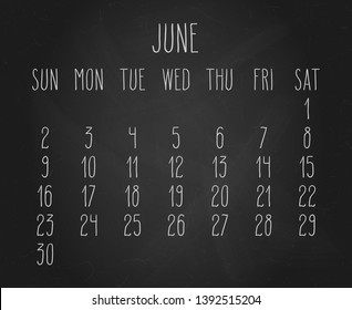 Hand written chalk vector calendar for June year 2019 over black chalkboard background.