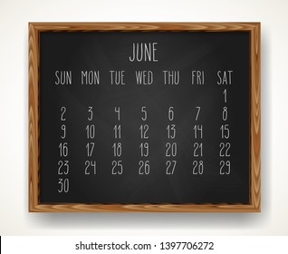 Hand written chalk vector calendar for the June 2019 over black chalkboard background in a wooden frame.