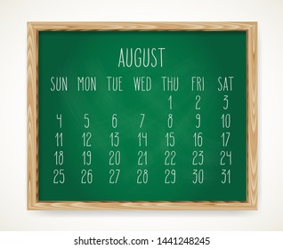 Hand written chalk vector calendar for August year 2019 over green chalkboard background in a wooden frame.