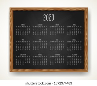 Hand written chalk vector calendar for the year 2020 over black chalkboard frame background. Week starting from Sunday.