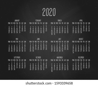 Hand written chalk vector calendar for the year 2020 over black chalkboard background. Week starting from Monday.