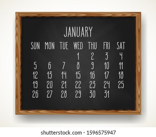 Hand written chalk vector calendar for January year 2020 over black chalkboard frame background. Week starting from Sunday.