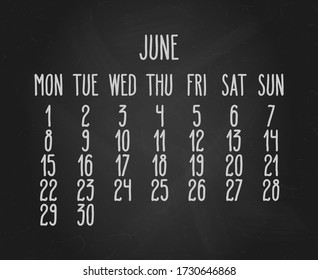 Hand written chalk vector calendar for June year 2020 over black chalkboard background. Week starting from Monday.