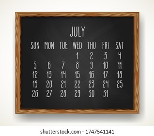 Hand written chalk vector calendar for July year 2020 over black chalkboard frame background. Week starting from Sunday.